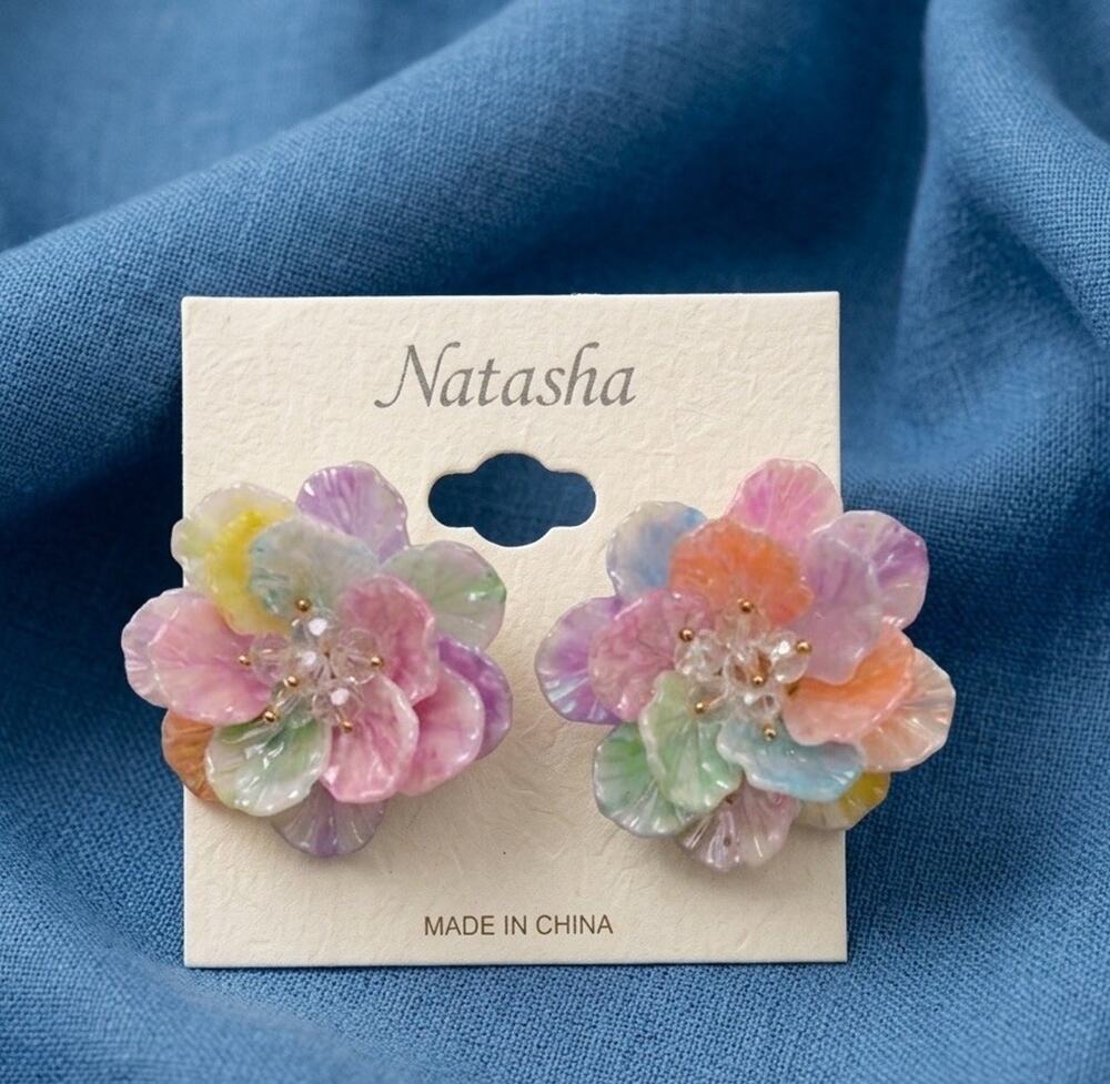 Natasha Flower Earrings Mother Of Pearl Multicolor ShellStud Seashell VTG Boho